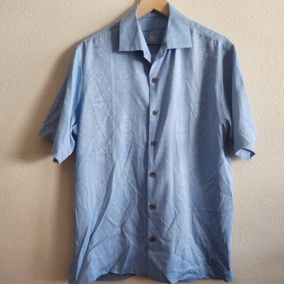 Tommy Bahama Shirt Mens Medium Blue 100% Silk Button Up Jacquard Hawaiian Casual - Picture 1 of 10